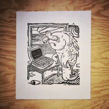 Load image into Gallery viewer, Displacementia - Linocut print by Ian Jermyn shown with wood background