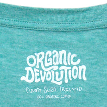 Load image into Gallery viewer, Organic Devolution Shark Fin Cycling Green Heather Organic Cotton Short Sleeve T-Shirt neck print